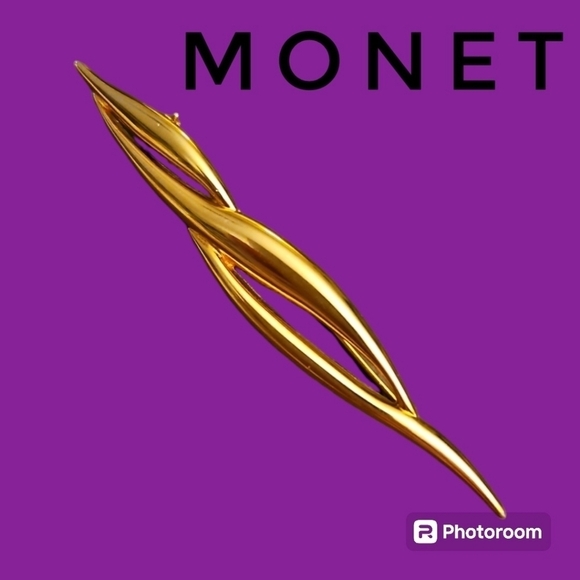 VTG MONET 1980s Long Goldtone Swirl Bar Brooch - Picture 1 of 4